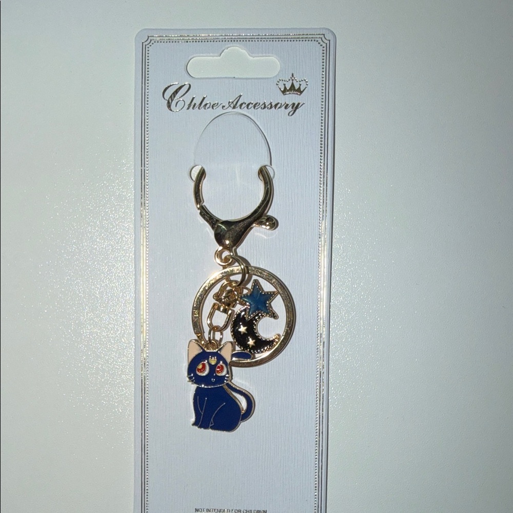 Cat Keychain with Star and Moon Charms
